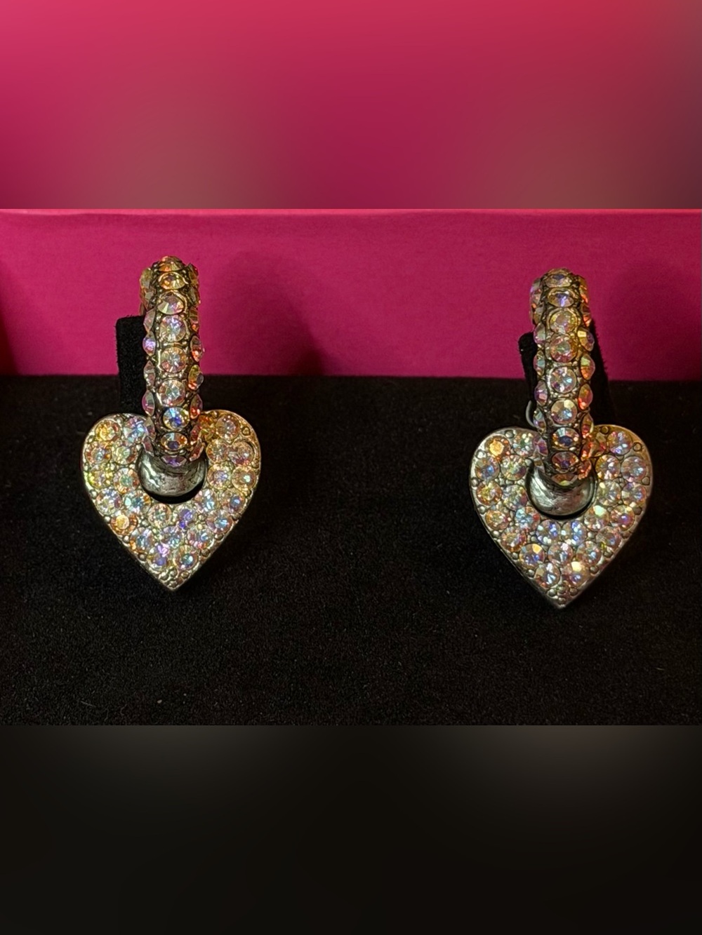 Otazu Vintage Aurora Borealis Swarovski Crystal Heart Hoop Pierced Earrings, NIB